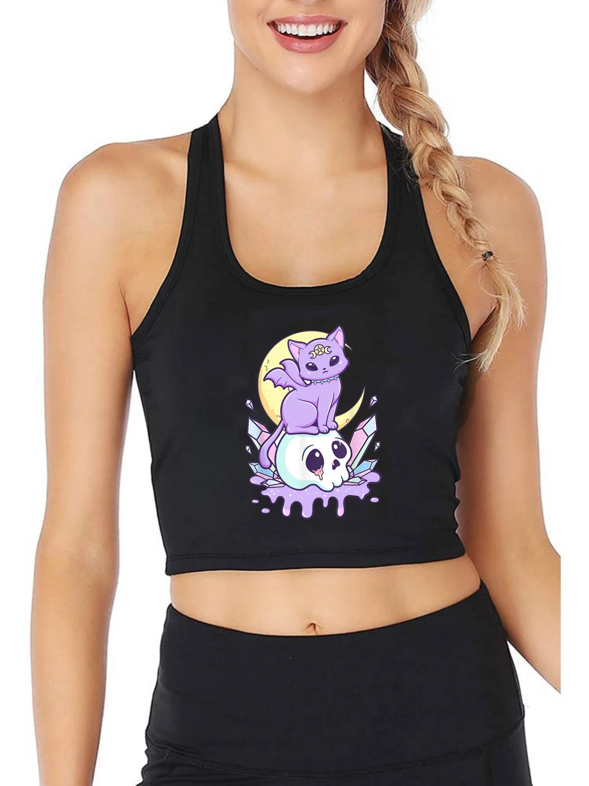 

Witchy Cat and Skull Graphics Printed Crop Top Women's Pastel Goth Cute Creepy Design Tank Tops Sexy Slim Fit Fitness Camisole