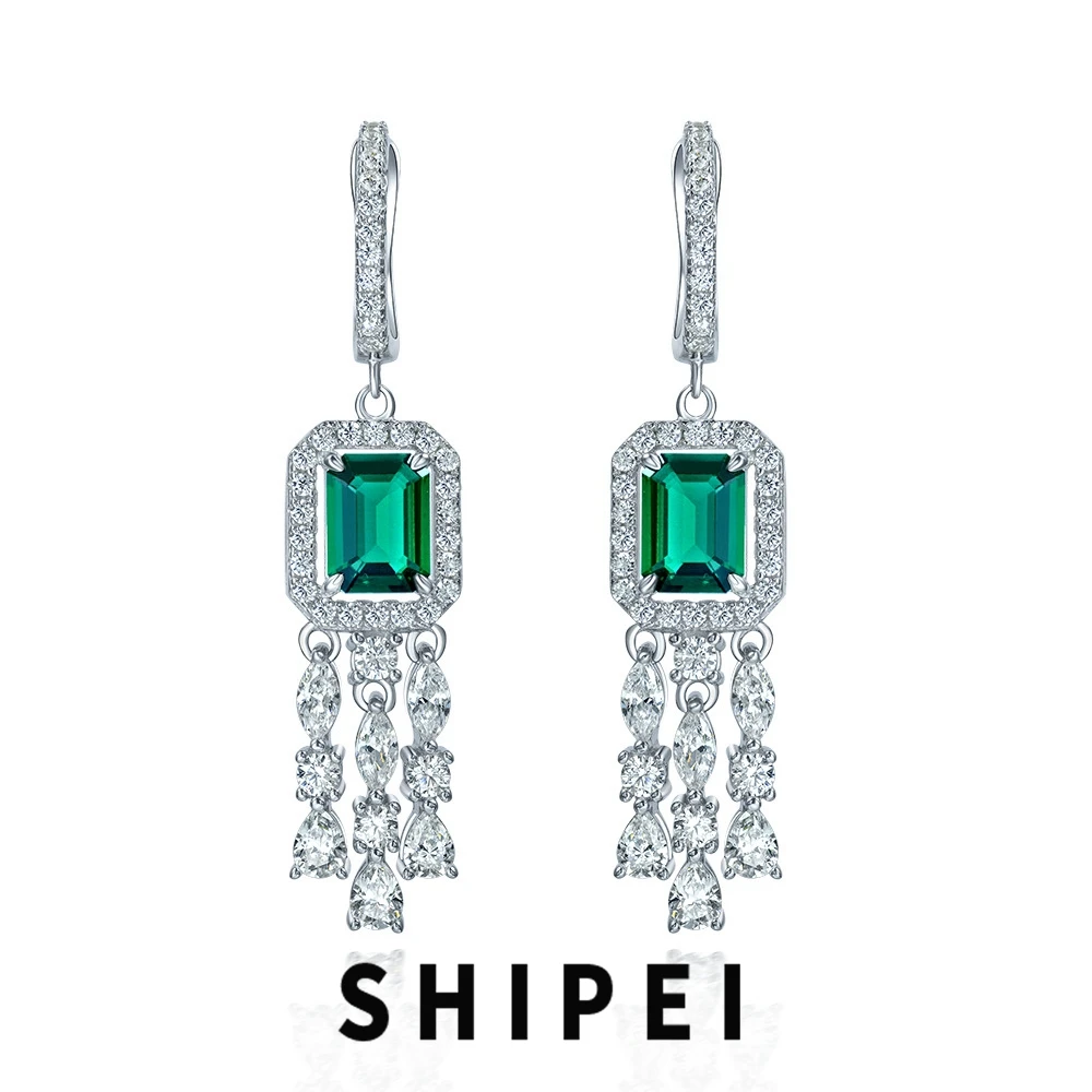 

SHIPEI 925 Sterling Silver Emerald Cut 1.5CT Emerald White Sapphire Gemstone Tassels Dangle Earrings Fine Jewelry for Women Gift