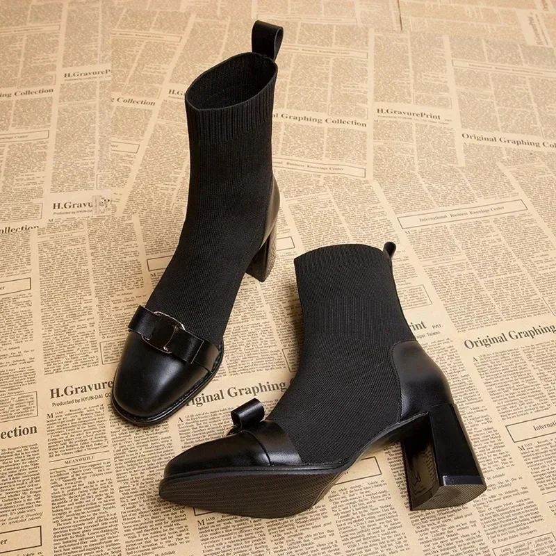 Женские вязаные ботильоны с металлическим украшением облегающие короткие