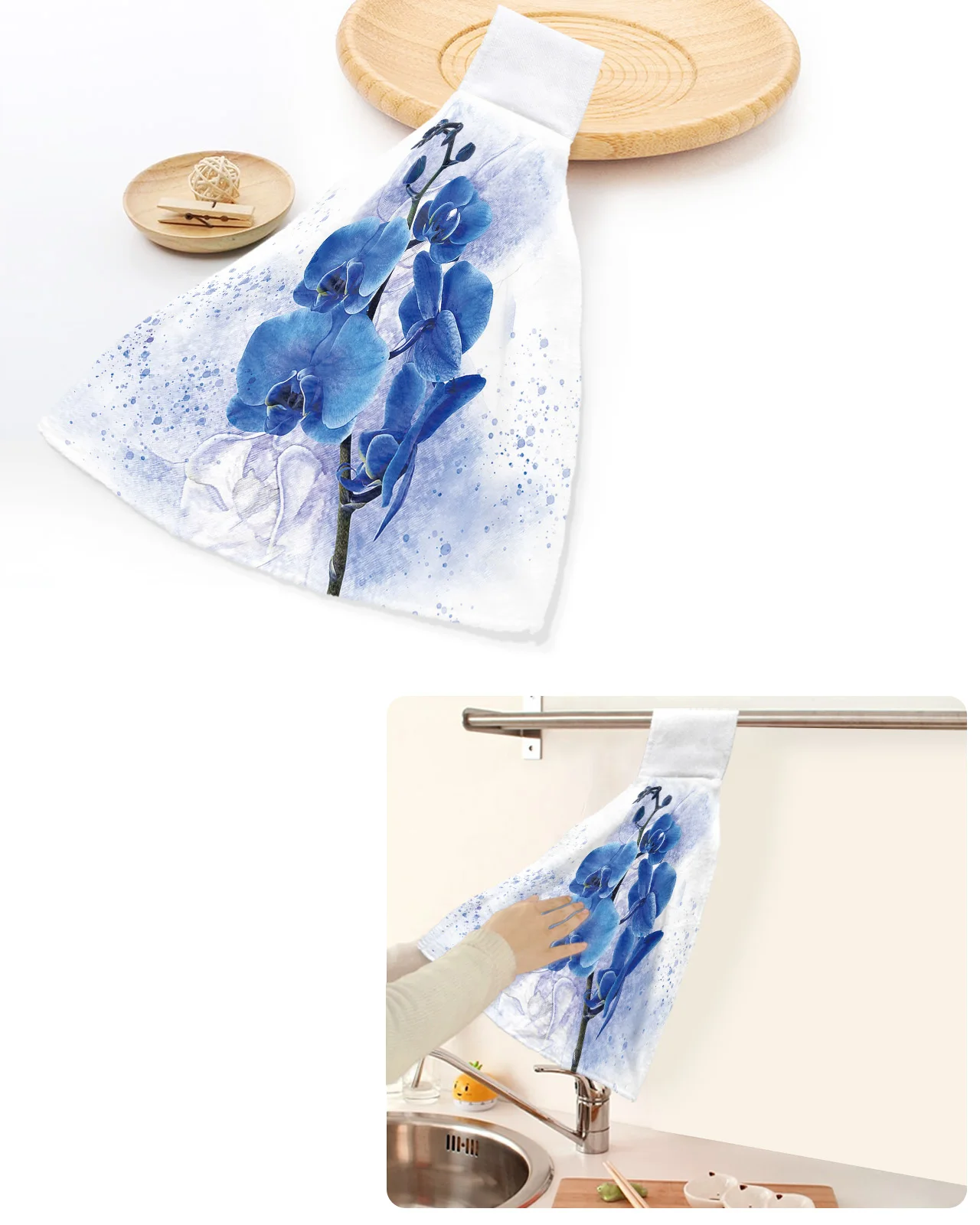 

Watercolor Blue Flower Phalaenopsis Hand Towels Home Kitchen Bathroom Hanging Dishcloths Loops Soft Absorbent Custom Wipe Towel