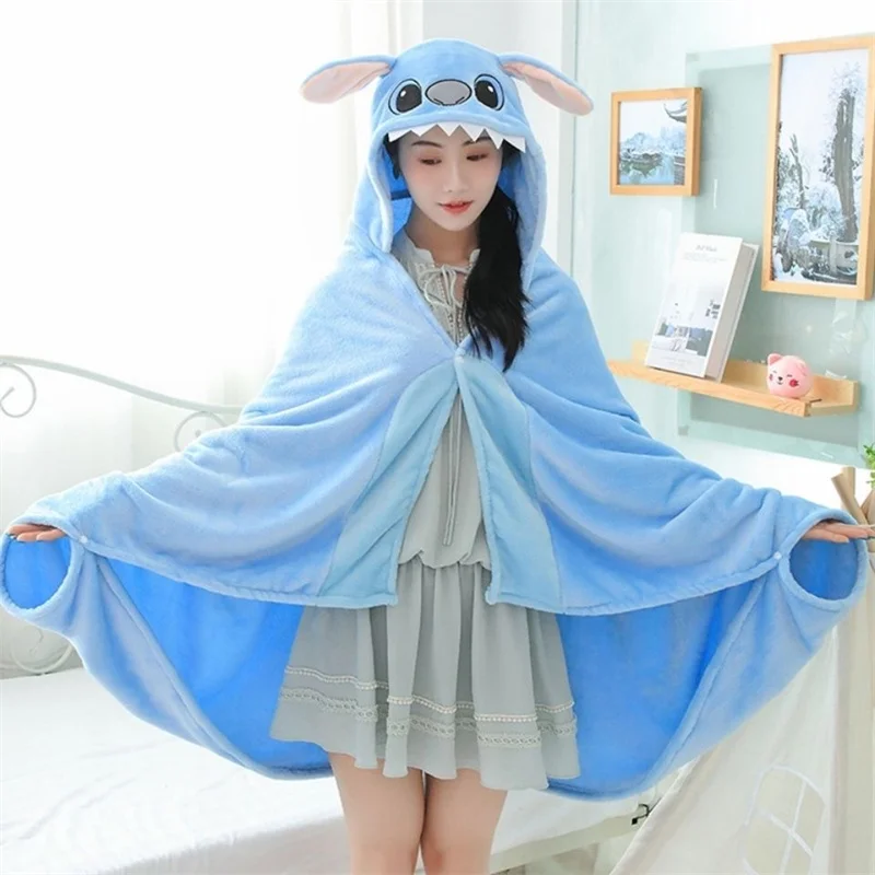 Disney Lilo and Stitch Coral Fleece Fabric Blanket with Hooded Cartoon Cosplay Cloak Cape Warm Wearable Throw Blanket for Sofa