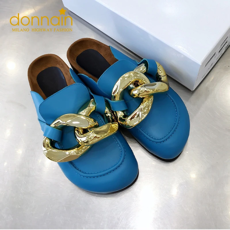 

DONNAIN Women's Designer Luxury Metal Chain Decor Mules Shoes Genuine Leather Backless Clogs Beach Outdoor Slip on Slippers
