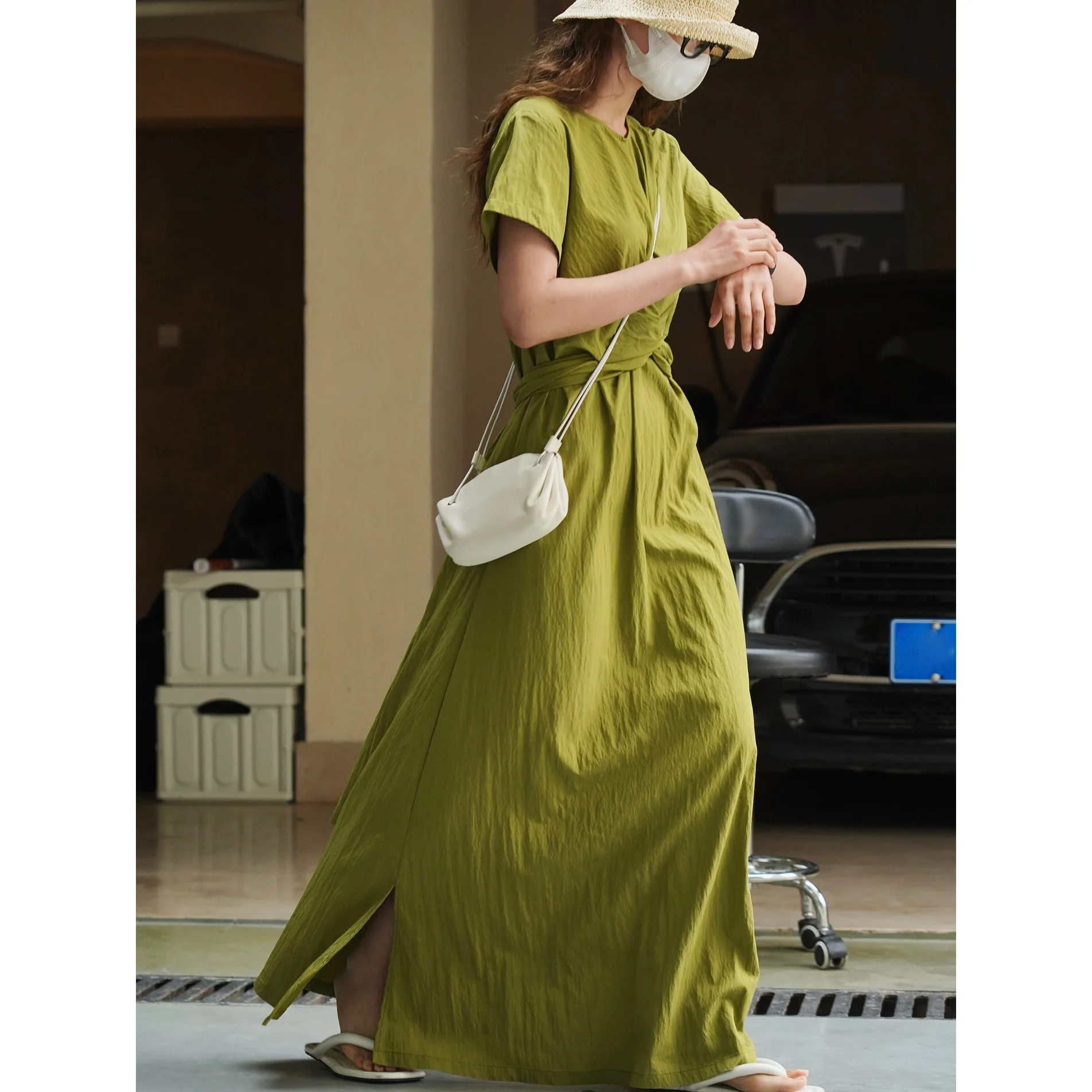 Summer Women's Casual Solid Round Neck Short Sleeve Slim Fit Dress