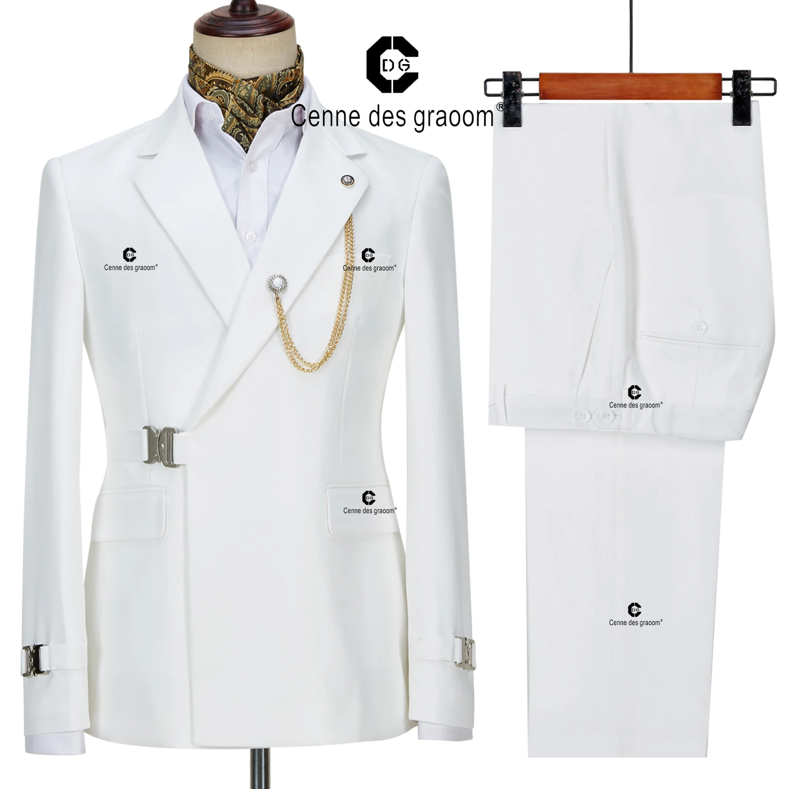 Cenne Des Graoom 2022 Summer New White Blazer Jacket Pants Set Suits For Men Metal Side Release Buckle Wedding Party Prom Dress