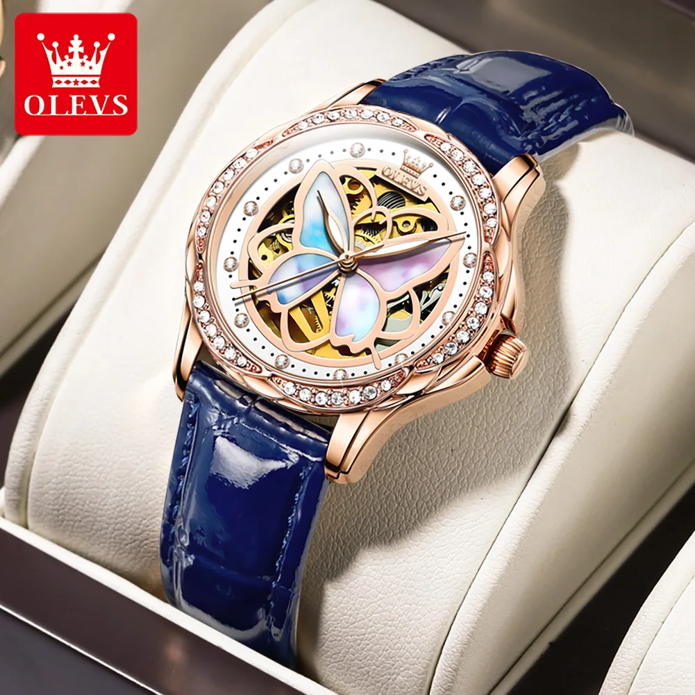 OLEVS Women's Watches Luxury Diamond Automatic Mechanical Watch for Woman Blue Leather Waterproof Ladies Watch Montre Femme