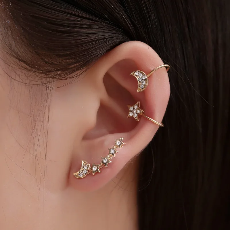

Aporola Fashion Full Diamonds Stars Moon 3-piece Set Ear Clip Ear Studs Set No Pierced Ear Bone Clip Earrings Women Jewelry Gift