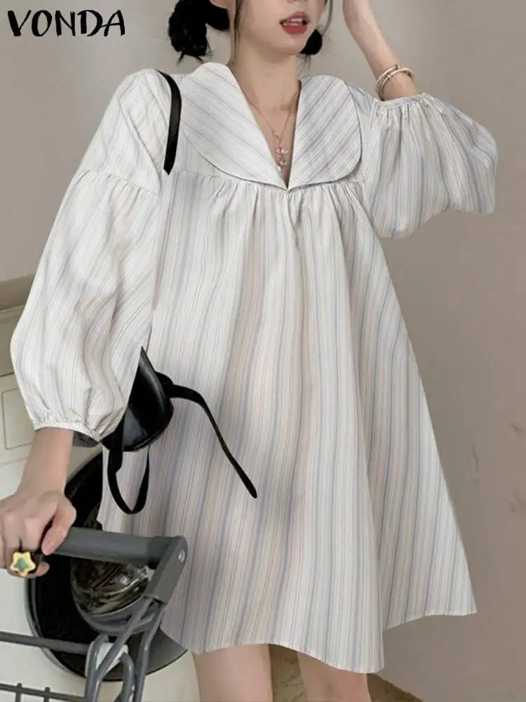 

2023 короткий сарафан VONDA, богемное мини-платье, женское осеннее элегантное свободное модное Повседневное платье в полоску с длинным рукавом и кукольным воротником