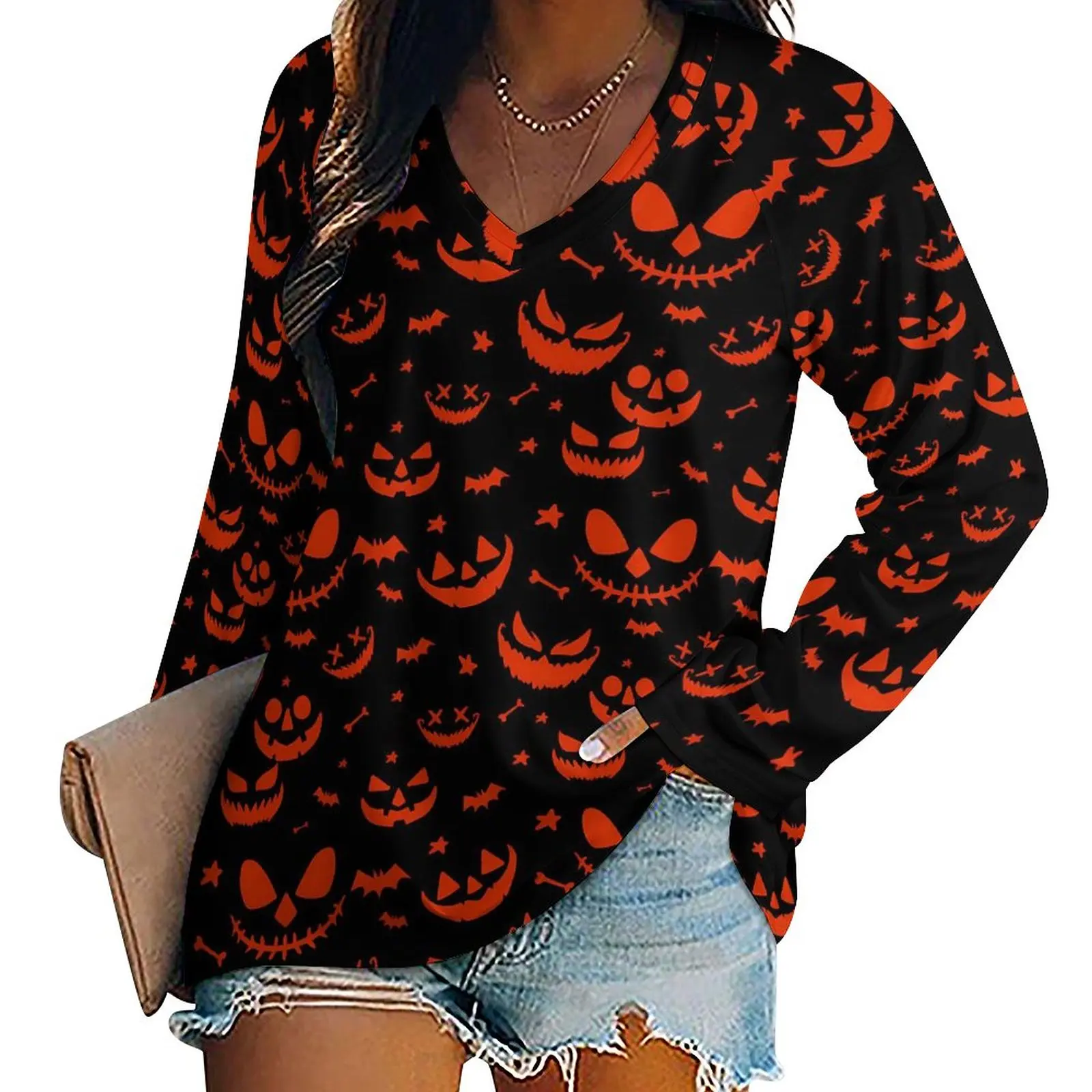 

Orange Pumpkin T Shirt Spooky Halloween Y2K Long Sleeve T-Shirts Street Style Oversized Tee Shirt Female Printed Tops Gift Idea