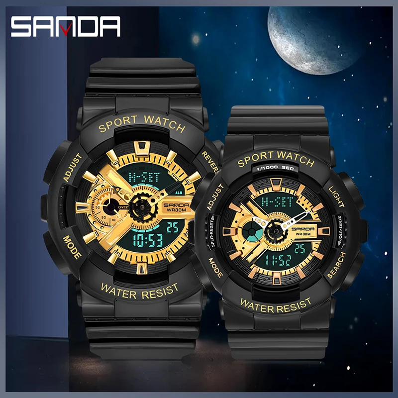 SANDA Fashion Couple Watch Outdoor Sports Luminous LED Dual Display Watch Timing Multifunctional Waterproof Watch Couple 299/292