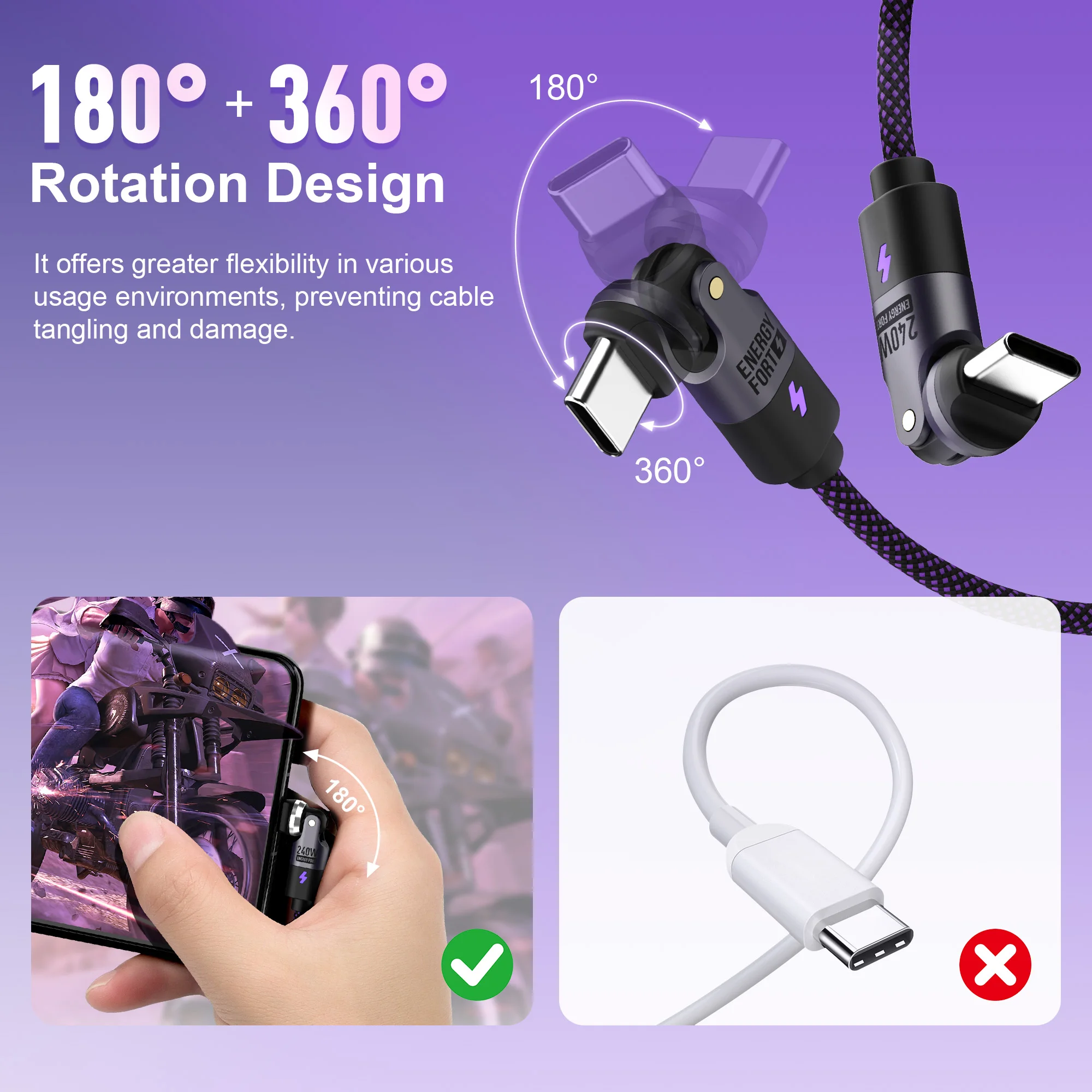 Фото 540 °   Вращающийся кабель USB-C на Type-C для быстрой зарядки 240 Вт, конвертер Type-C для Macbook, iPhone 17, Samsung S25 №4