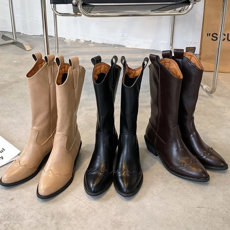 

Женские ковбойские ботинки до середины икры, черные ботинки из искусственной кожи в стиле ретро, рабочая винтажная повседневная обувь-Оксф...