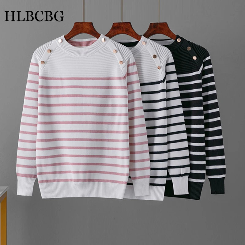 

HLBCBG Stripe Jumper Long Sleeve Pink knitted Sweaters Women's Tops Autumn Winter O-Neck Short Pullover Casual Puller Femme
