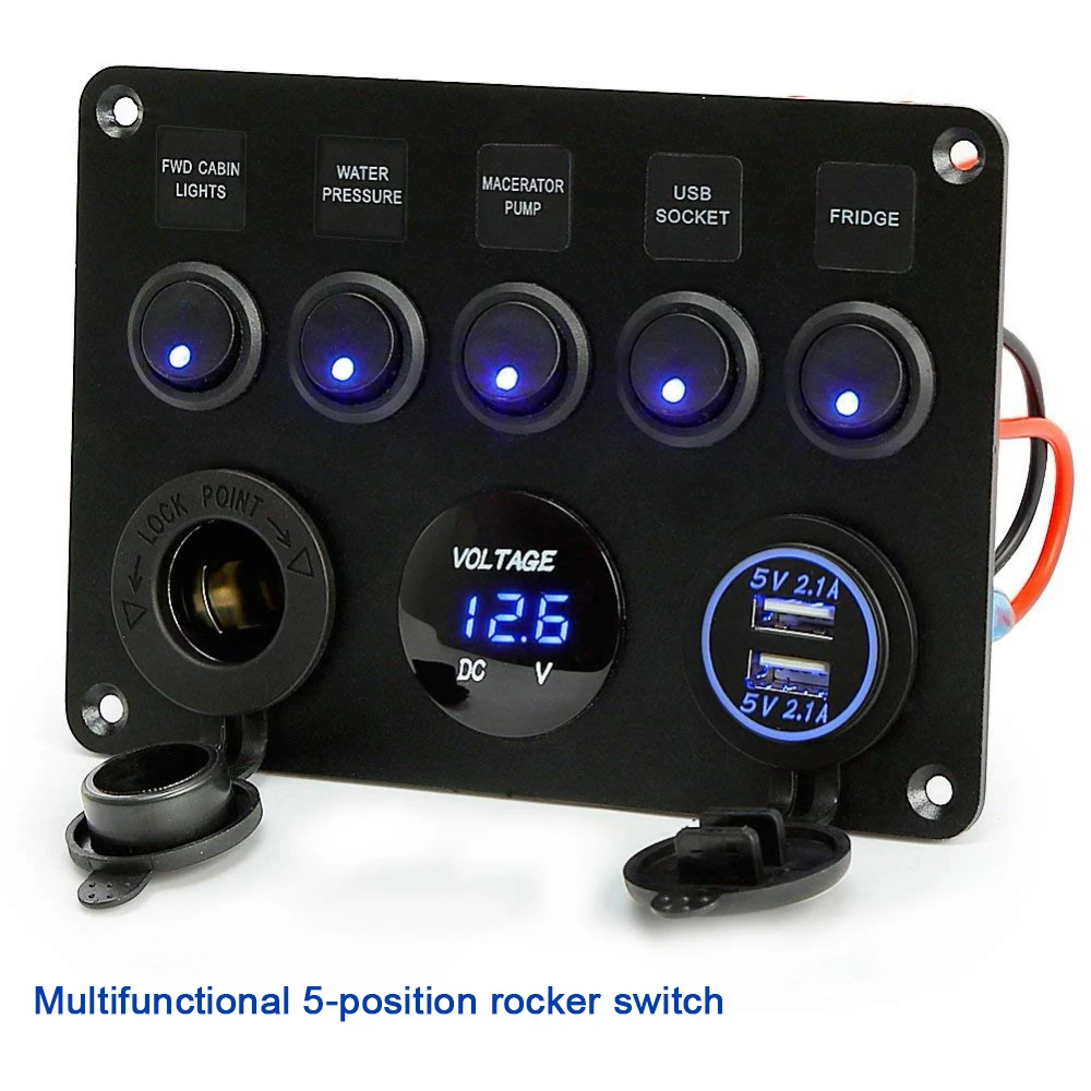 

12V 5 Gang Rocker Switch Car LED Switch Panel Waterproof Digital Voltage Display Blue Light USB ON-OFF Marine Auto Panel Breaker