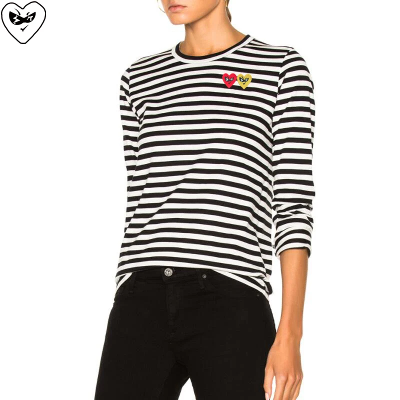 

Women Striped T-shirt Double Cartoon Heart Embroidered Cotton Elastic Force O-Neck Long Sleeve Spring Autumn Slim Fit T-shirt