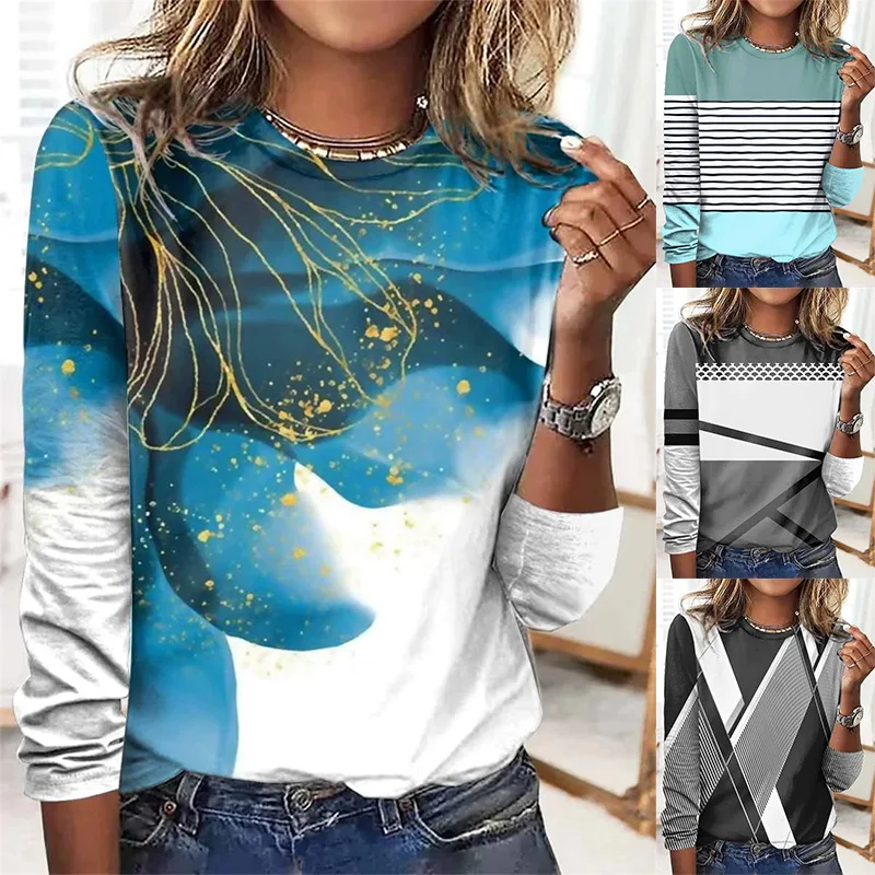 

Autumn and Winter Women's Round Neck Color Contrast Stripe Backing Long Sleeve T-shirt Fashion Casual Commuter Female & Lady Top