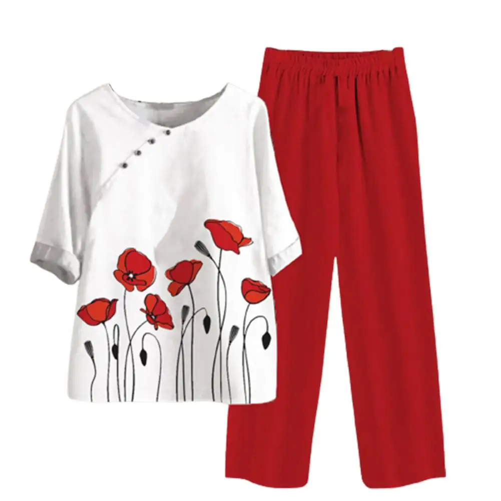 

Женский винтажный комплект из двух предметов, Повседневная рубашка с круглым вырезом и коротким рукавом с цветочным принтом, свободные брю...