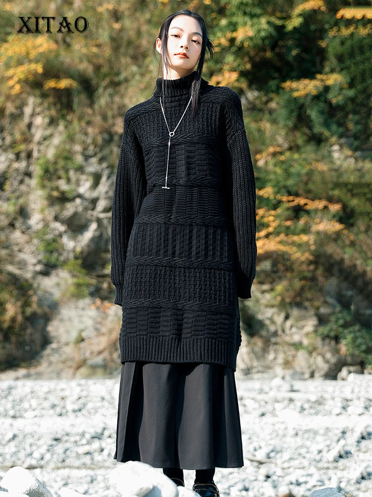 

XITAO свободное платье-свитер однотонный винтажный Универсальный Повседневный пуловер с высоким воротом темперамент 2022 Зима Новое поступлен...