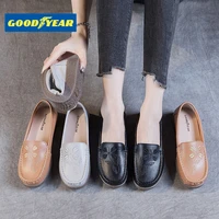 goodyear leather soft bottom 2022 new flat embroidered beanie shoes single shoes casual slip on womens shoes