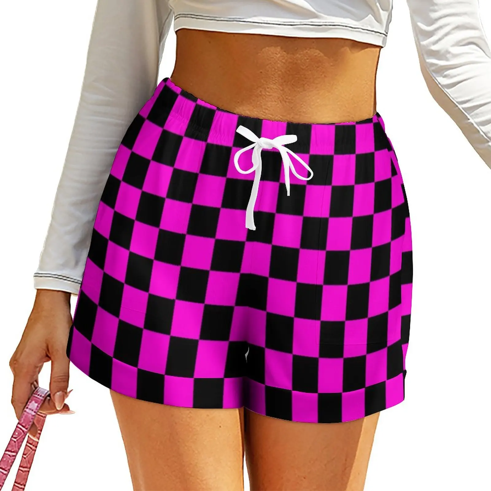

Pink Black Checkerboard Shorts Women Missing Texture Casual Loose Y2k Print Shorts High Waist Oversize Short Pants Beach Bottoms