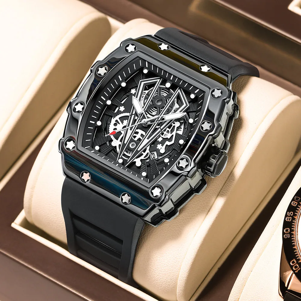 

POEDAGAR Fashion Wristwatch Top Luxury Casual Waterproof Military Luminous Date Hollow out Silicone Strap Men Watch Tonneau Dial