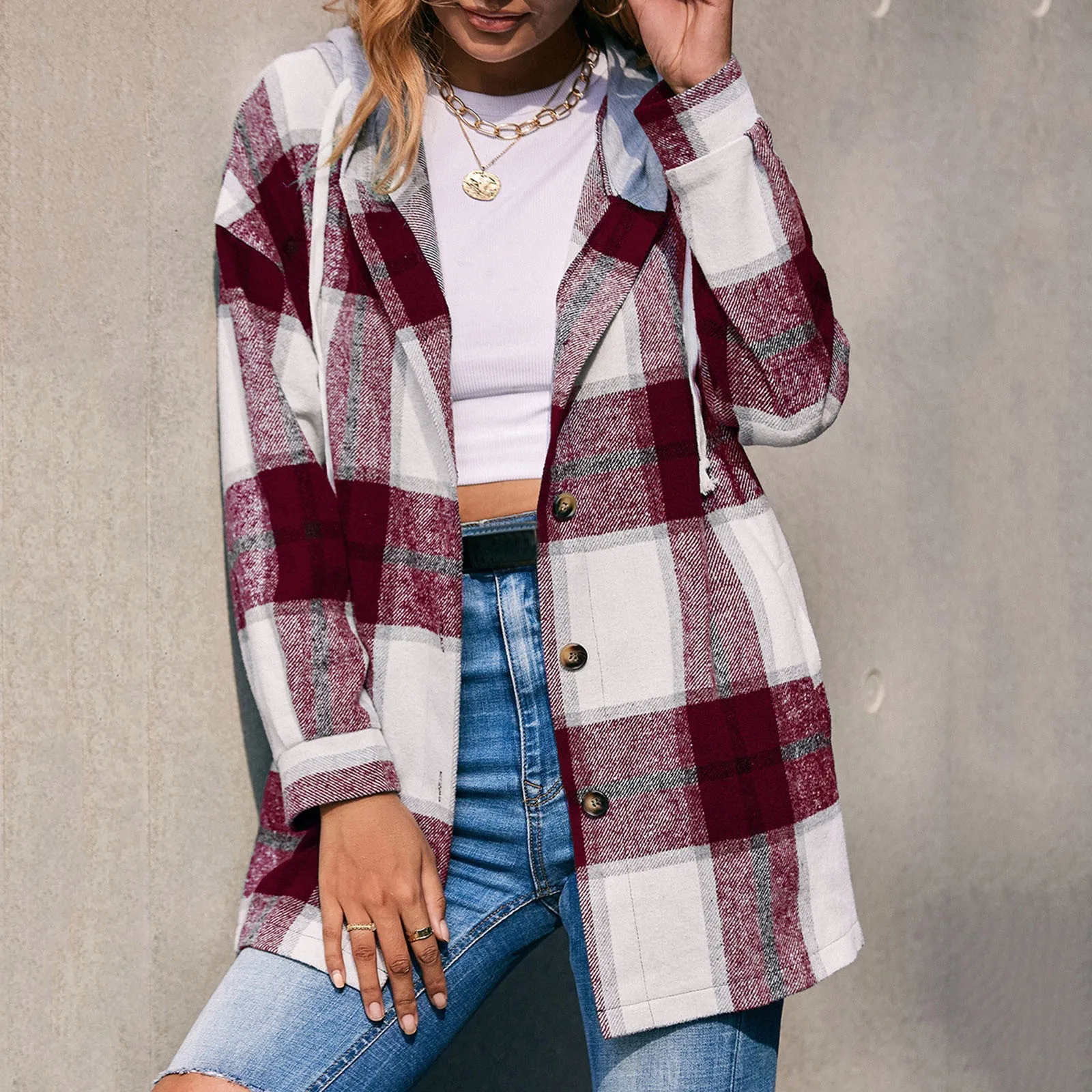 

Women's Thickened Overcoat Classic Color Block Plaid Hooded Cardigan Long Sleeve Button Down Coat Jacket Outwear