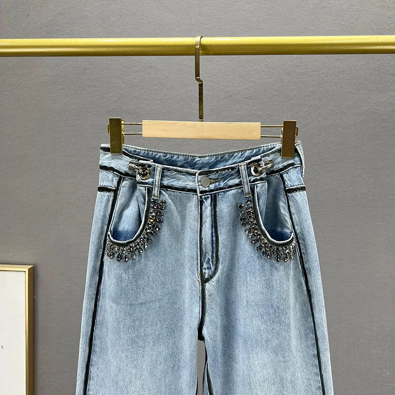 Diamond Jeans Women's Fashion High Waist Loose Wide-Leg Trousers for Spring and Summer Jean 2022 New Office Lady Denim Trouser