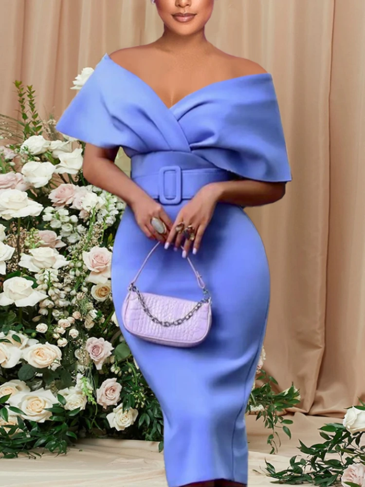 

Women Dress Party Off Shoulder V Neck Home Coming Sexy with Waist Belt Celebrate Occasion Christmas African Vestidos Night Out