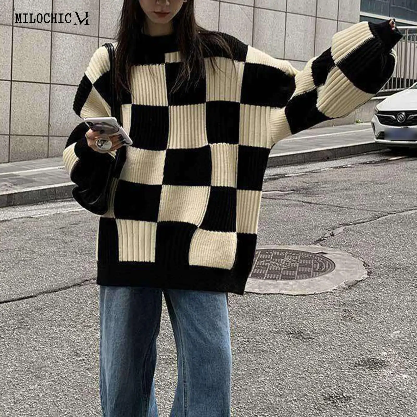 

Women Checkered Print Sweater Pullover Japanese Lazy Style Ladies Oversized Jumpers Long Sleeve Crew Neck Loose Fit Daily Outfit