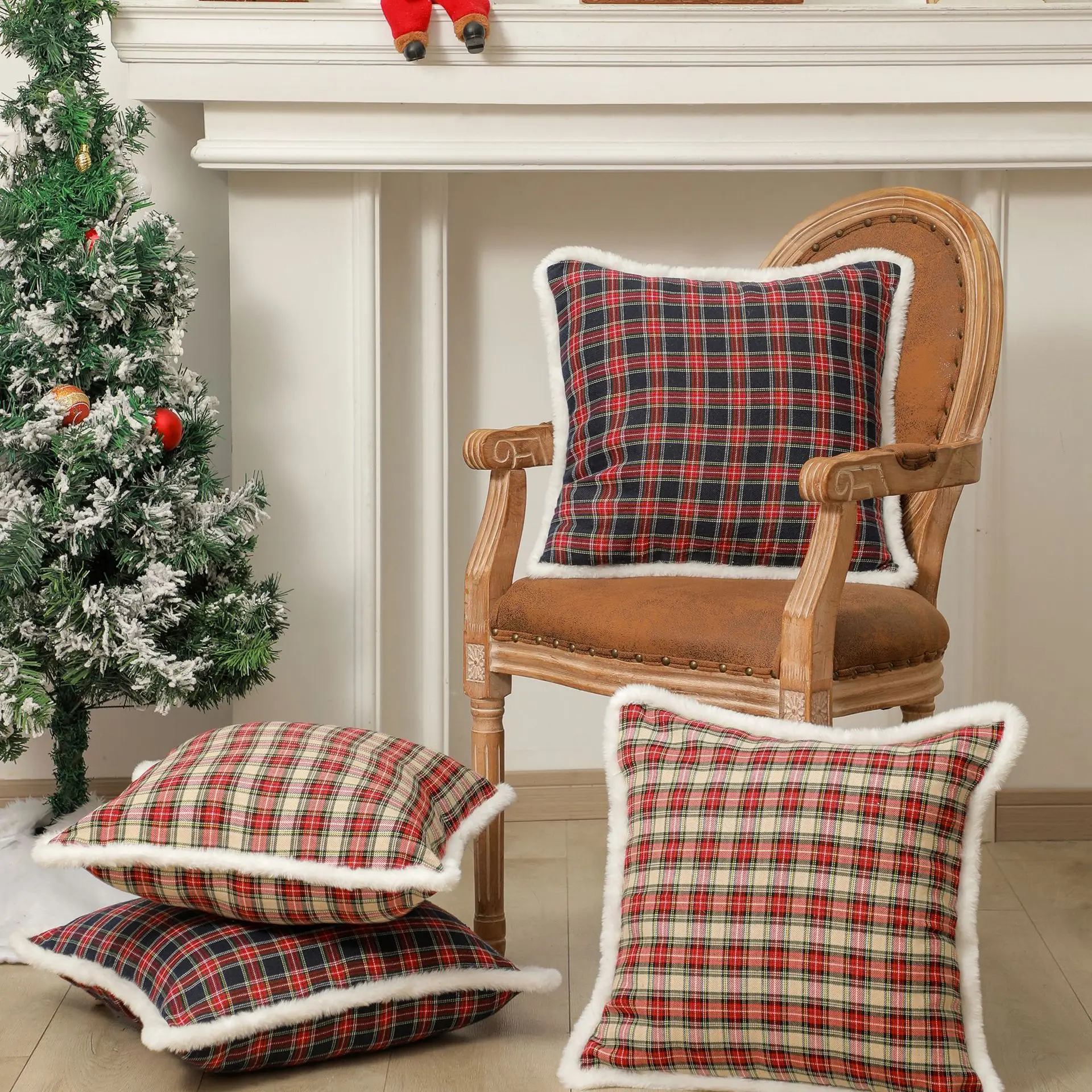 

Christmas Plaid Pillow Cover Rabbit Feather Lattice Pillowcase Bed Sofa Cushion Cover Decorative Pillows Fundas De Cojin 45x45