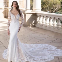 modest mermaid wedding dress organza satin with lace elegant full sleeve v neck %e2%80%8bbridal gowns train backless vestido de novia