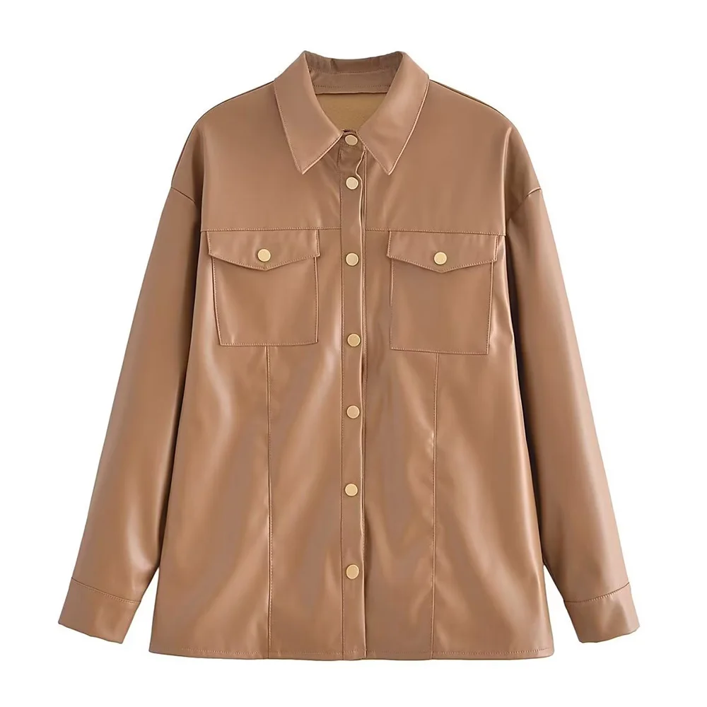 

DiYiG Women 2022 New Fashion Leather Jacket England Style Streetwear Single Breasted Pocket Turn-down Collar Loose Female Coats