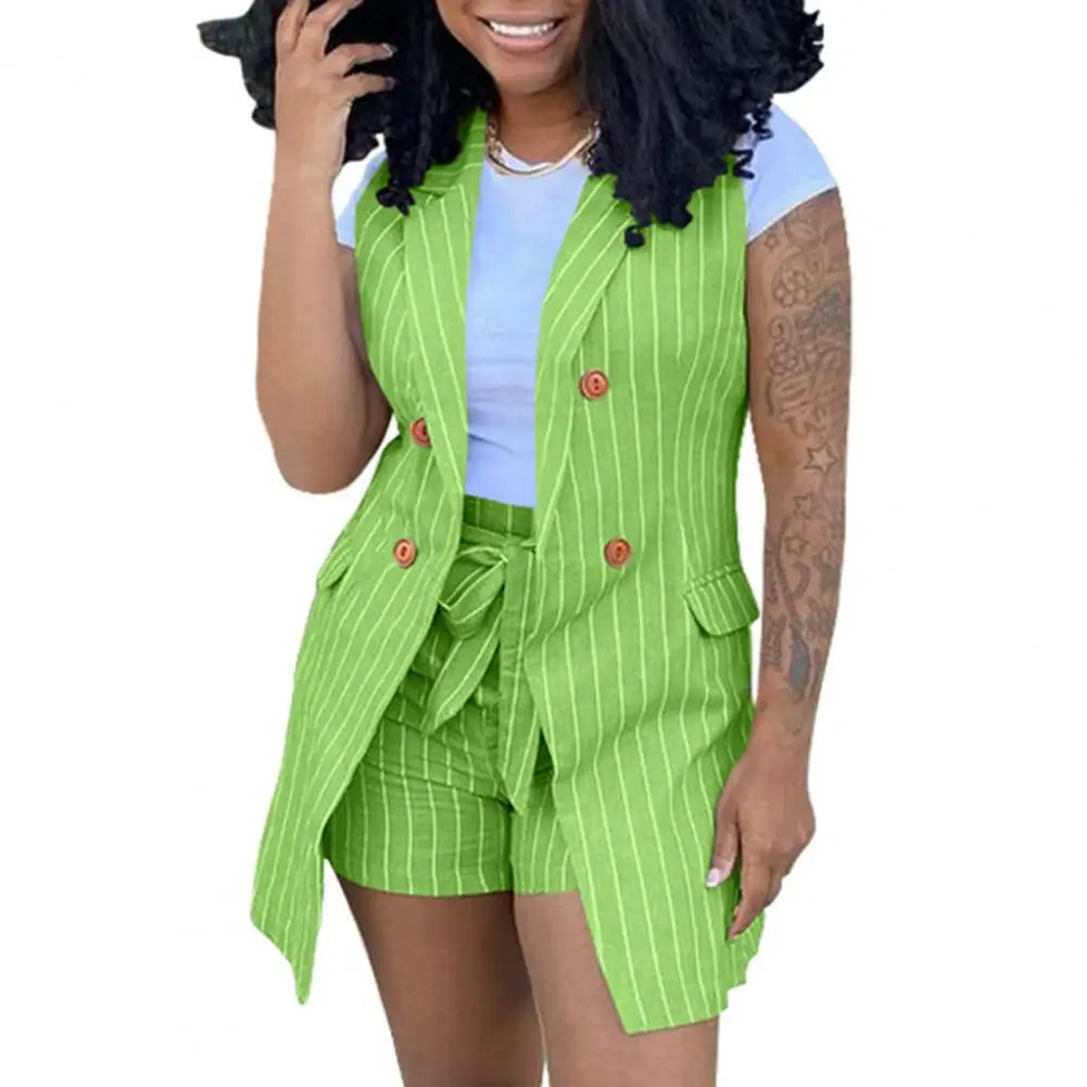 

2022 Two Piece Sets Womens Outifits Women Waistcoat Suit Sleeveless Straight Stripe Print Waistcoat Shorts Set for Office