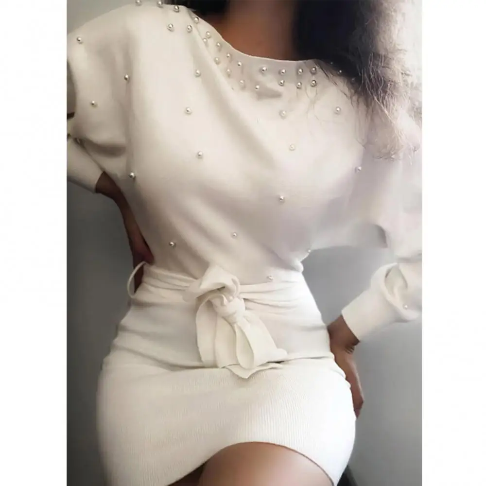 

Women Dress Bodycon Elegant Solid Color Dress Mini Long Puff Sleeve Beads Belt Party Woman fashion 2021 женское платье vestidos