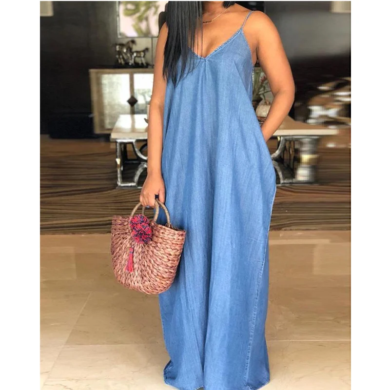 

Женское длинное джинсовое платье без рукавов, Элегантное повседневное свободное платье макси на тонких бретельках с V-образным вырезом и ля...