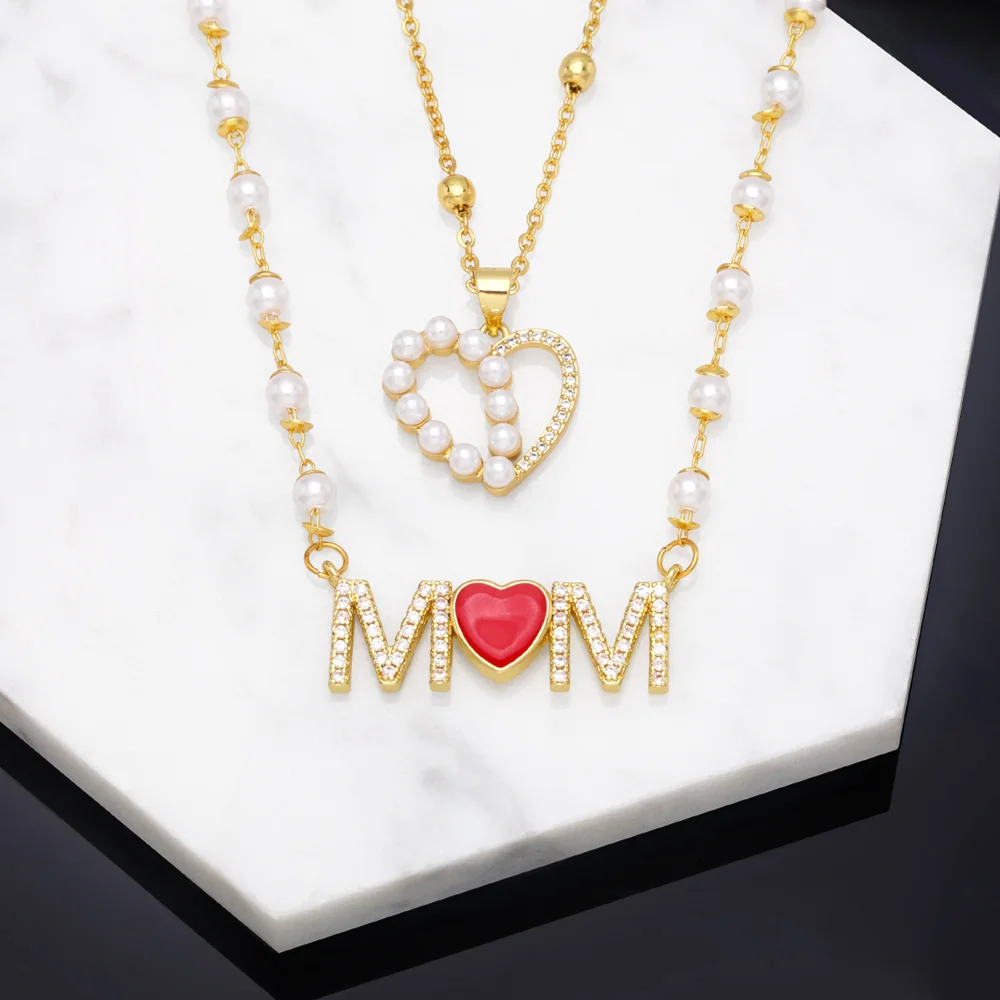FLOLA CZ Кристалл мамы ожерелье для женщин медное позолоченное сердце белый жемчуг