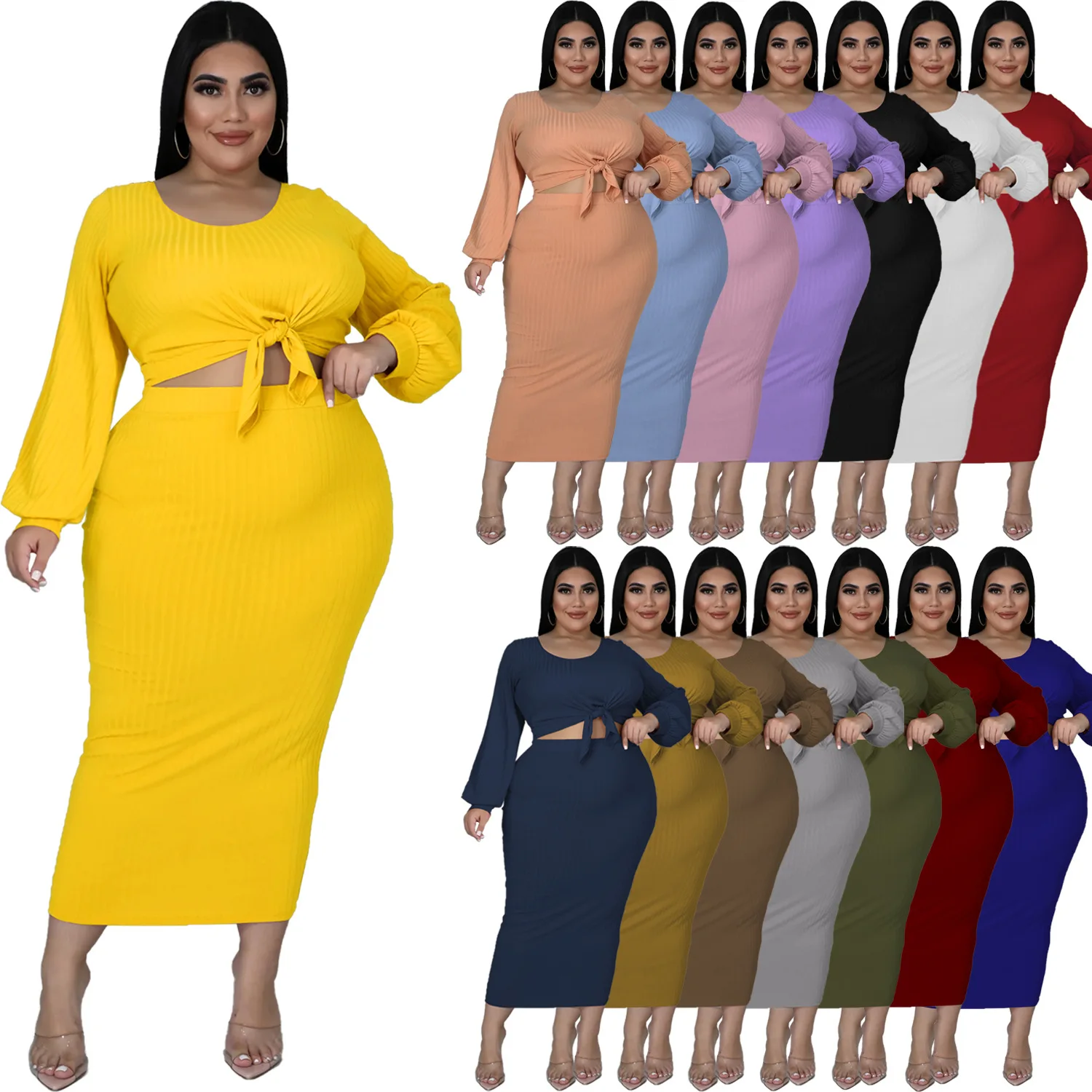

Women's Fashion Lantern Sleeve Long Sleeve Top Skirt Rib Pit Strip Casual Two Piece Set plus size maxi solid color bodycon dress