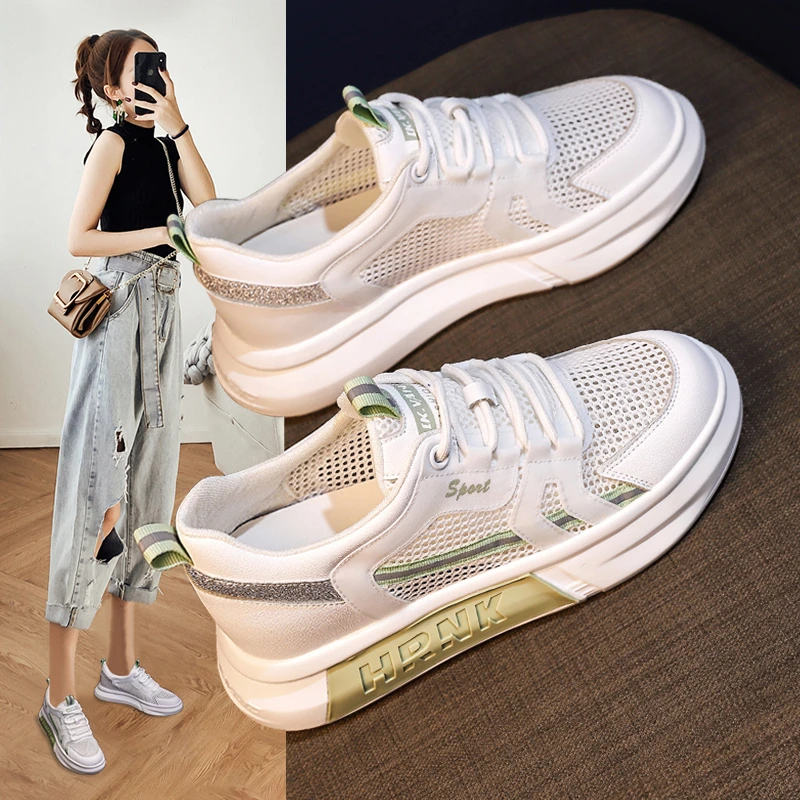 Real Soft Leather Mesh Breathable White Shoes Female Spring 2023 New  Students Casual Sports Shoes Women Shoes