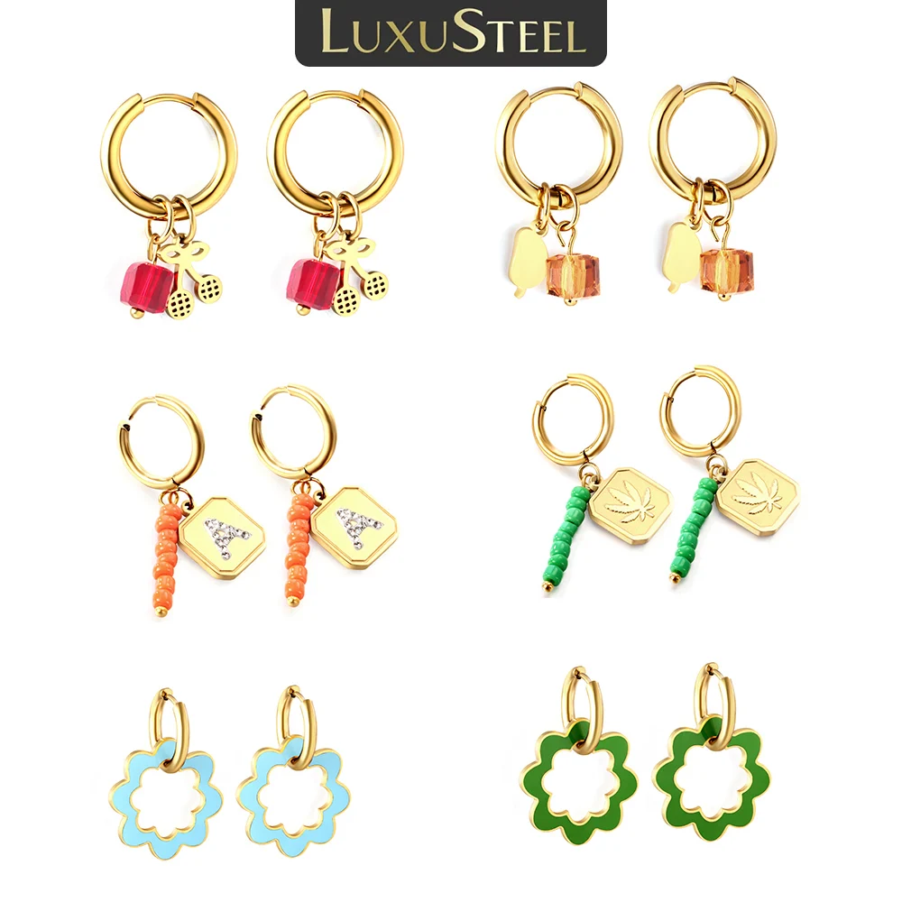 

LUXUSTEEL 2022 New Fashion Hoop Earring WIth Colorful CZ Beads Boho Pendant Ear Buckle Earrings Korean Wedding Jewelry Gift
