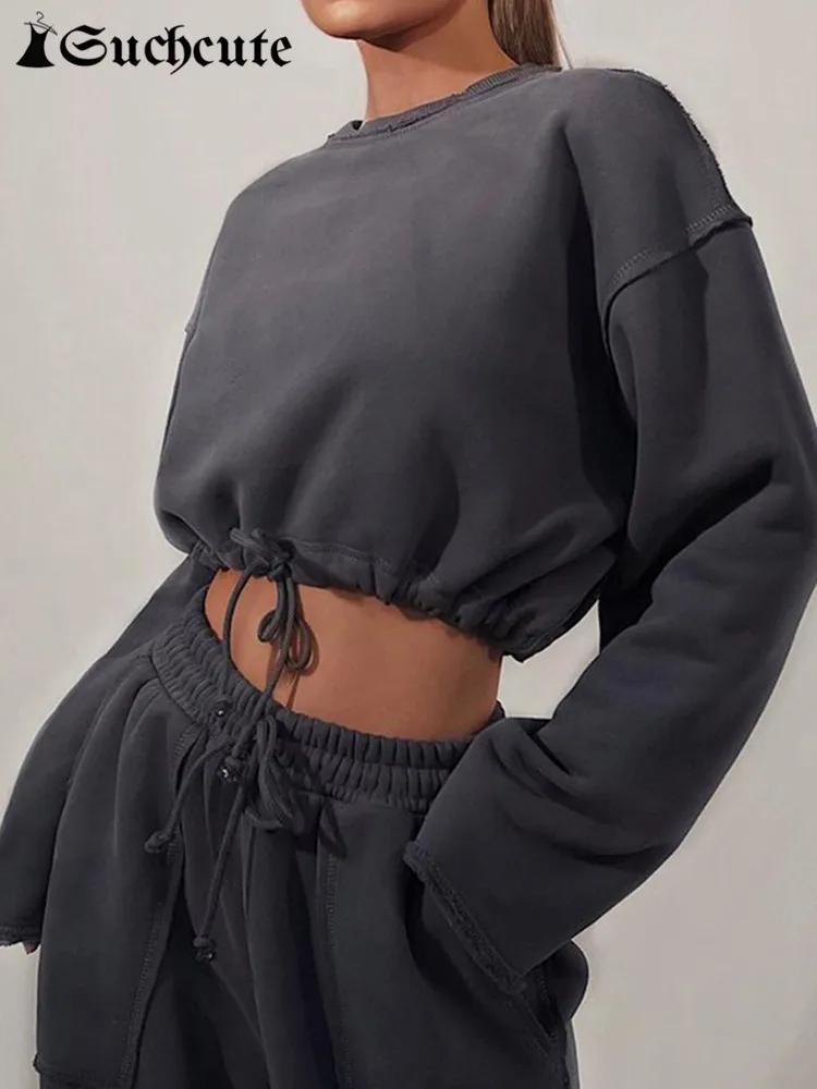 

SUCHCUTE Sporty Csaul Solid Basic Sweatshirts Women Autumn Winter Long Sleeve Drawstring Loose Sweatshirt All Match Crop Tops