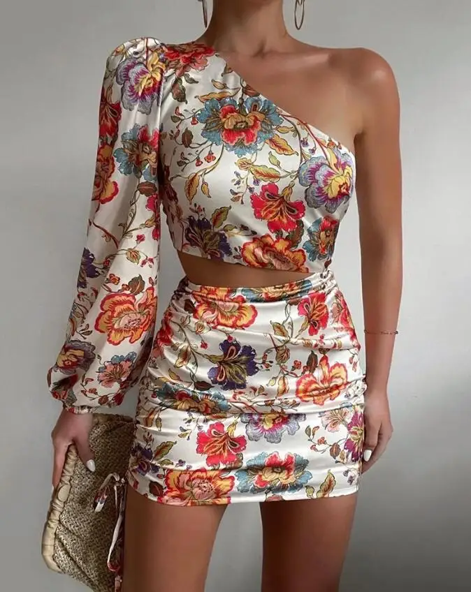

Puff Lantern Sleeve Floral Print Cutout One Shoulder Dress Women Sexy Spring Summer High Waist Mini Dress