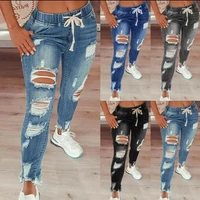 2022 jeans womens drawstring high waist stretch ripped jeans fashion denim full length pencil pants skinny jeans
