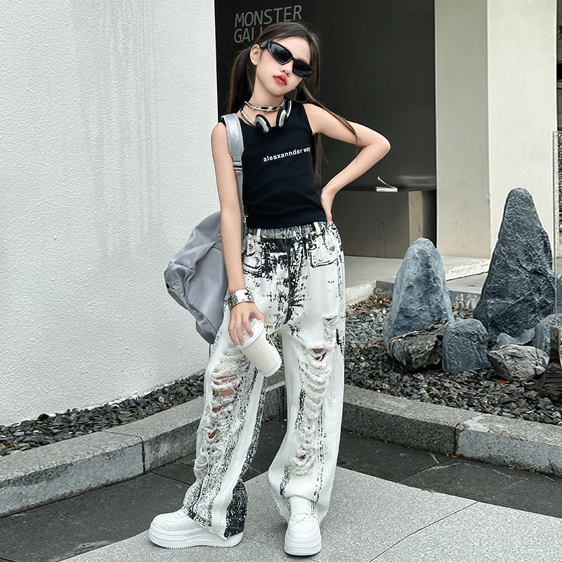 Джинсы с дырками для девочек 5-15 лет крупные рваные брюки широкими штанинами