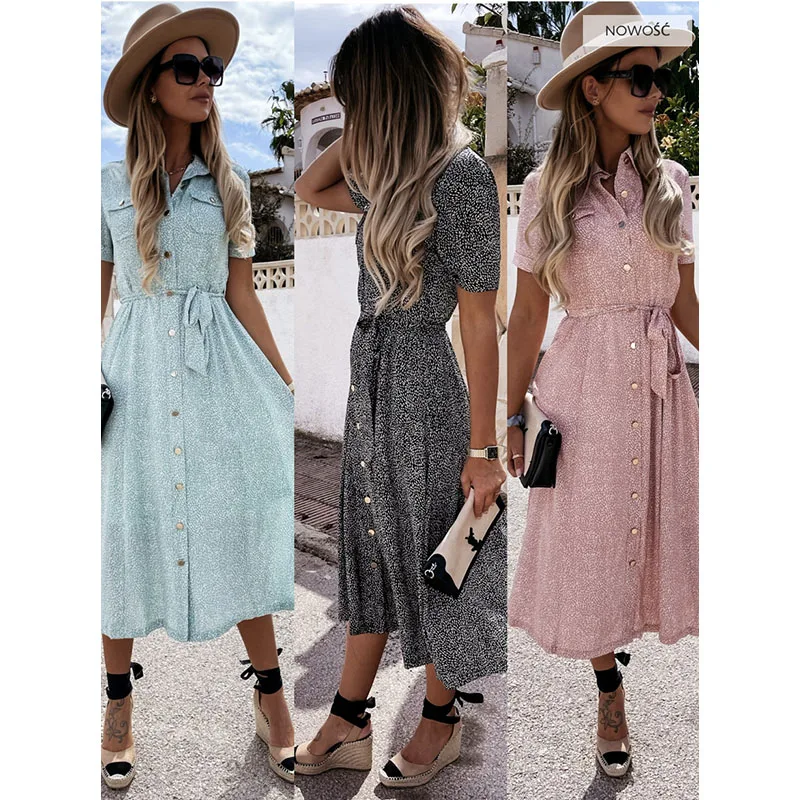 

Женское платье макси с отложным воротником, повседневное однотонное летнее платье-туника с маленьким цветочным принтом, коротким рукавом и...