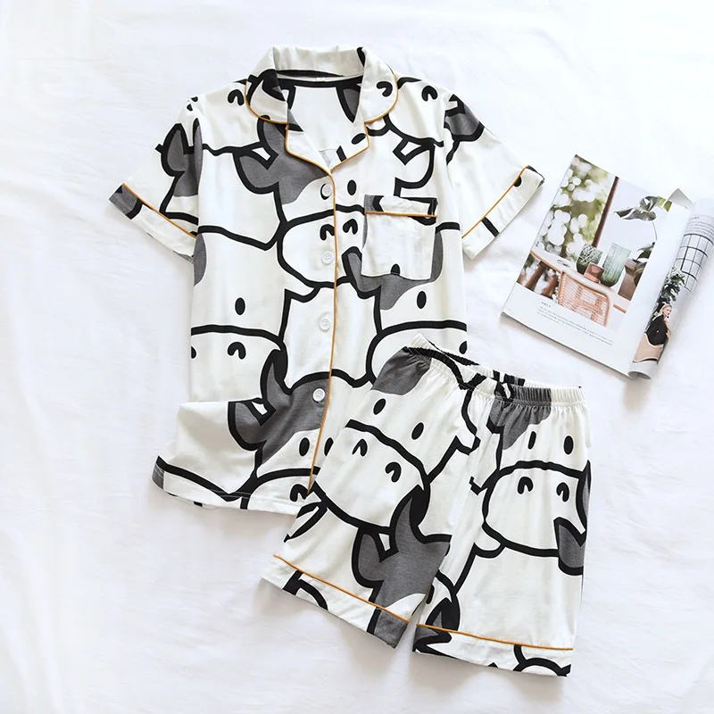 Women Pijamas Summer Pyjamas Cotton Short-sleeved Knitted Couple Pajamas Suit Fashion Calf Two-piece Men Loungewear Bedroom Set