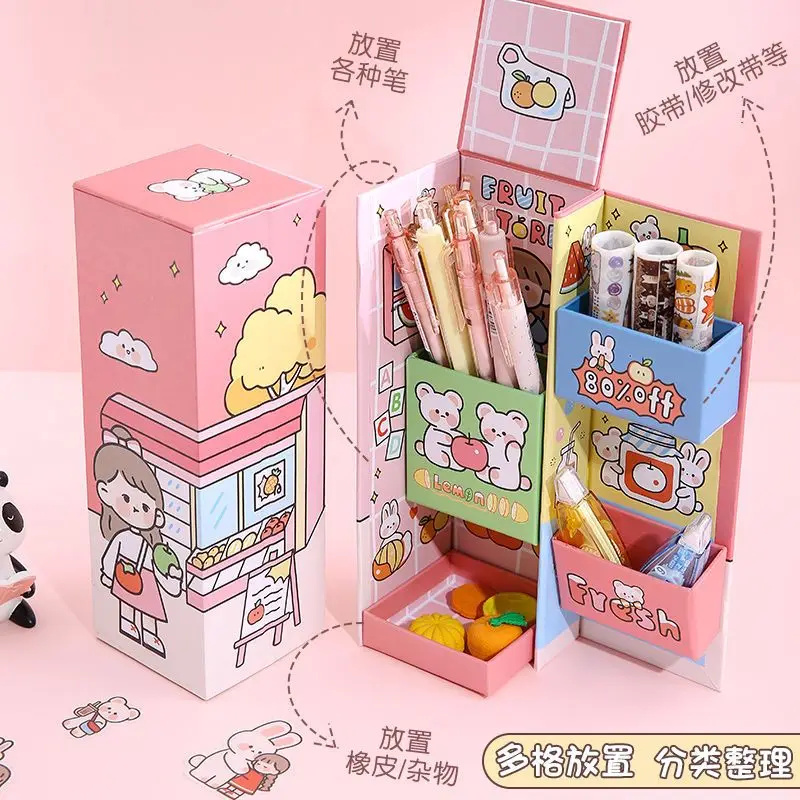 

Student cartoon pen box cute double layer portable folding creative pen bag pencil case pen holder multi-functional storage