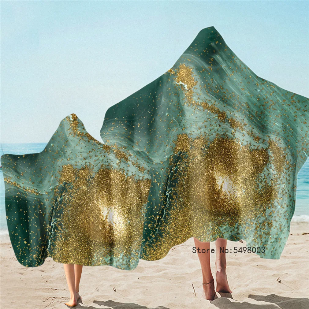 

Marble with Gold Print Cape Hood Beach Towels Bathroom Wearable Towel Adult Kid Bath Towel Shower Wrap Quick Dry Swimming Cover