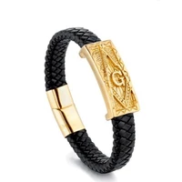 classic metal masonic logo black braided leather warp bracelet magnetic buckle for men fashion casual jewelry gift