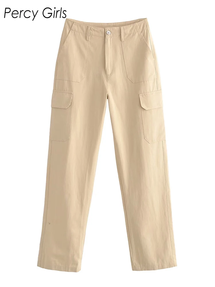 Женские прямые брюки-карго ZA однотонные повседневные на молнии с высокой талией
