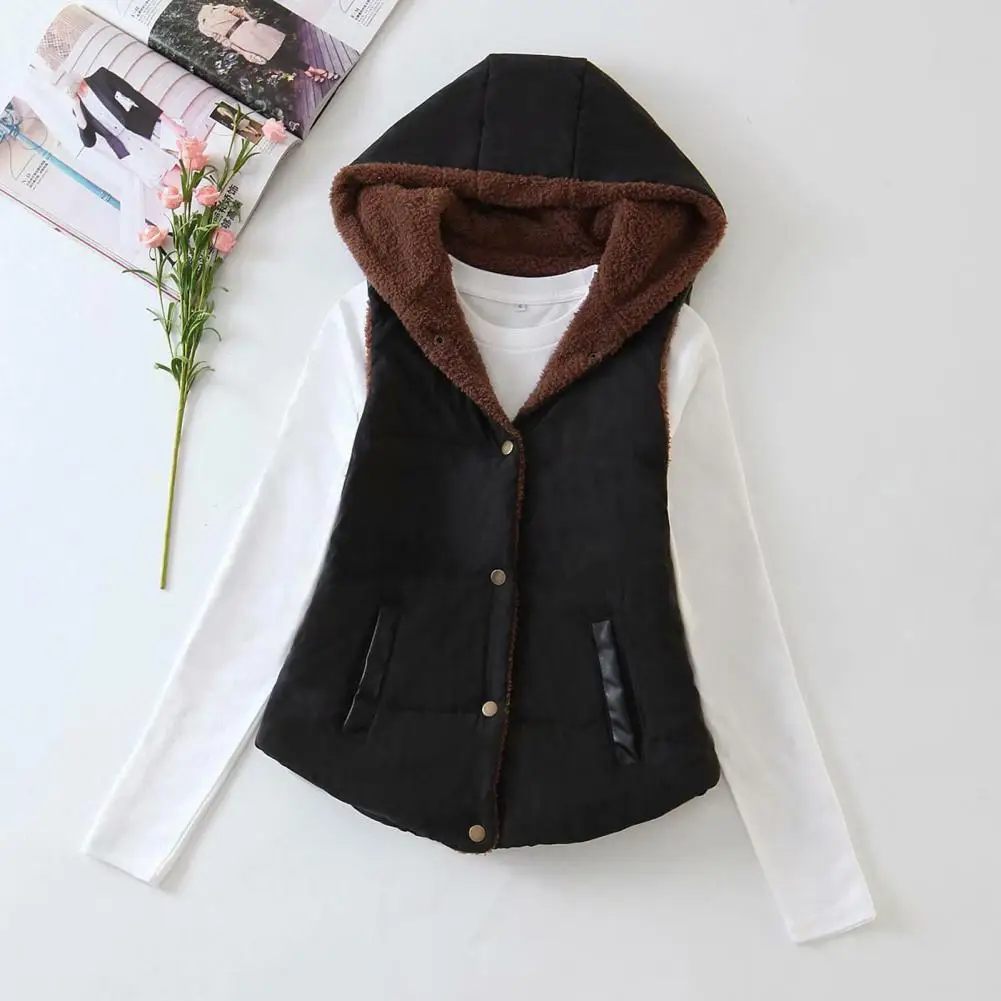 

Buttons Placket Skin-Touching Coldproof Women Warm Lamb Wool Lining Sleeveless Hooded Jacket Vest Overcoat Daily Clothing