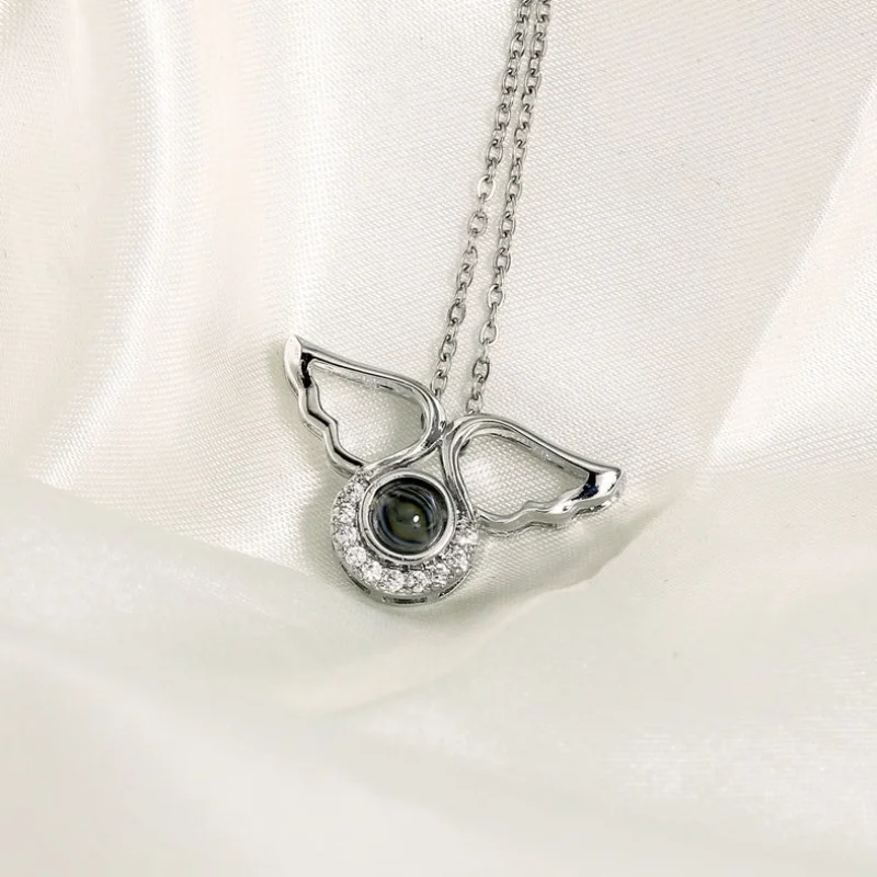 Angel Wing Projection Necklace Customized Memorial Photo Pendant Personalized Picture Inside Jewelry Trendy Gift for Friend